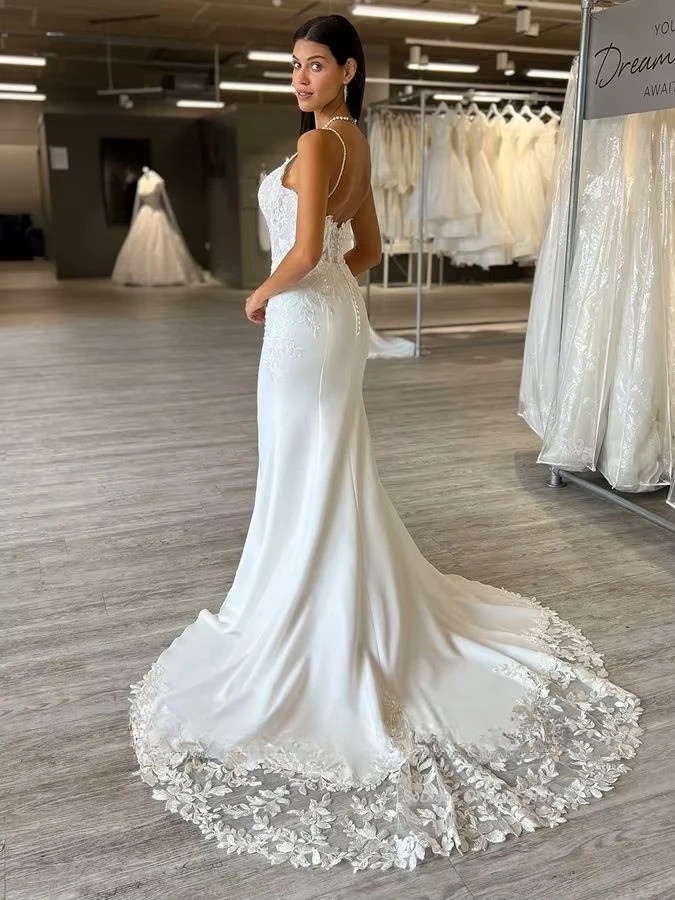 SoDigne Mermaid Satin Boho Wedding Dresses Sleeveless Strapless Appliques Bridal Dress Long Wedding Gown Custom Made  2 SoDigne Mermaid Satin Boho Wedding Dresses Sleeveless Strapless Appliques Bridal Dress Long Wedding Gown Custom Made  - immagine 2