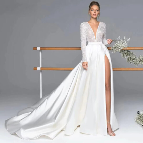 Luxury Long Sleeve Satin Wedding Dress Deep V-Neck Side Split Bridal Gown Vestido De Novia Train Vestidos De Novia Customized - immagine 4