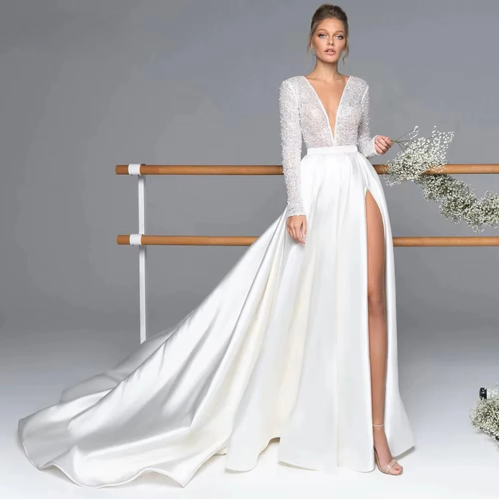 Luxury Long Sleeve Satin Wedding Dress Deep V-Neck Side Split Bridal Gown Vestido De Novia Train Vestidos De Novia Customized 4 Luxury Long Sleeve Satin Wedding Dress Deep V-Neck Side Split Bridal Gown Vestido De Novia Train Vestidos De Novia Customized - immagine 4