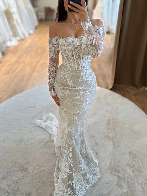 SoDigne Mermaid Lace Wedding Dresses Off Shoulder Long Sleeves Bridal Dress Boho Wedding Gown Robe De Mairee Customized 2 SoDigne Mermaid Lace Wedding Dresses Off Shoulder Long Sleeves Bridal Dress Boho Wedding Gown Robe De Mairee Customized - immagine 2
