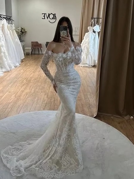 SoDigne Mermaid Lace Wedding Dresses Off Shoulder Long Sleeves Bridal Dress Boho Wedding Gown Robe De Mairee Customized 1 SoDigne Mermaid Lace Wedding Dresses Off Shoulder Long Sleeves Bridal Dress Boho Wedding Gown Robe De Mairee Customized