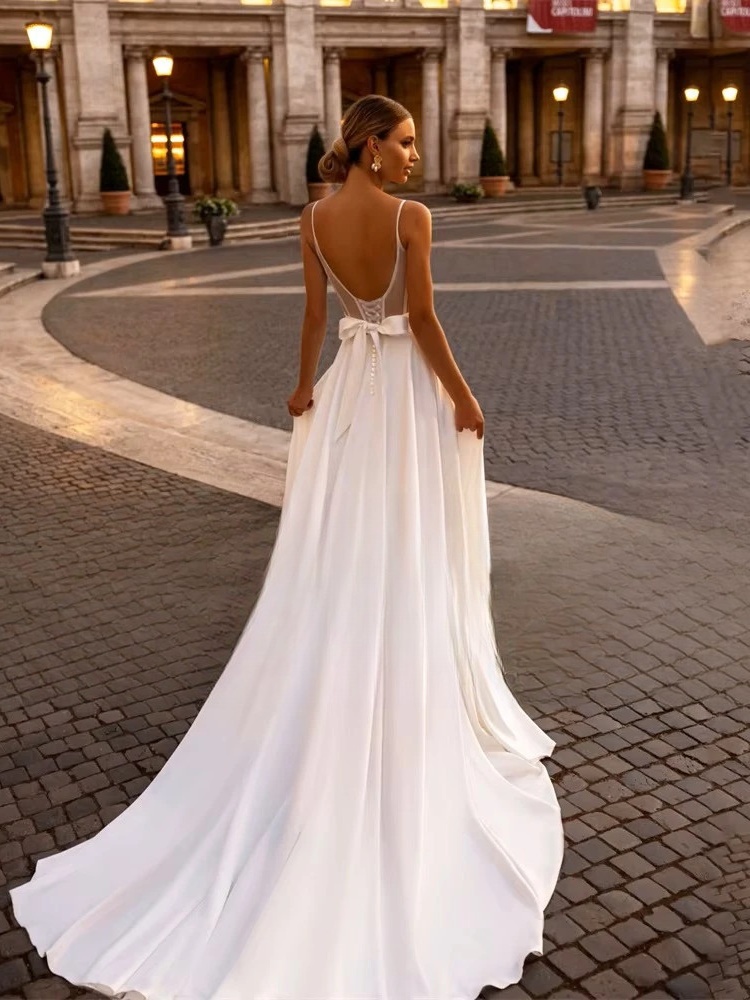 Elegant Wedding Dress For Woman Sweetheart-Neck A-Line Spaghetti Straps Open Back Bride Gown Train Vestidos De Novia Customized 2 Elegant Wedding Dress For Woman Sweetheart-Neck A-Line Spaghetti Straps Open Back Bride Gown Train Vestidos De Novia Customized - immagine 2