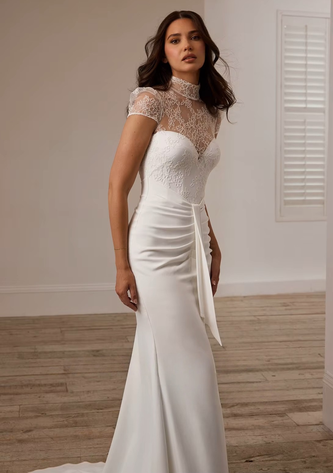 SoDigne Mermaid Lace/Satin Bride Dresses High Neck Short Sleeves Wedding Dress Long Bridal Gowns vestidos de novia Customized 3 SoDigne Mermaid Lace/Satin  Bride Dresses High Neck Short Sleeves Wedding Dress Long Bridal Gowns vestidos de novia Customized - immagine 3