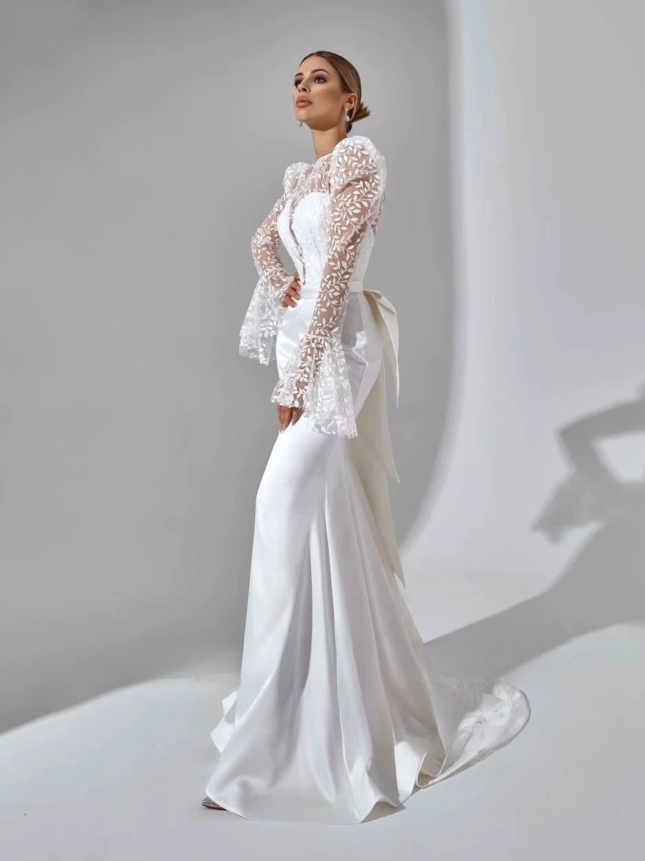 SoDigne Mermaid Satin Bride Dresses Appliques Full Sleeves Wedding Dress Long Bridal Gowns with Bow Robe De Mairee Customized 3 SoDigne Mermaid Satin Bride Dresses Appliques Full Sleeves Wedding Dress Long Bridal Gowns with Bow Robe De Mairee Customized - immagine 3