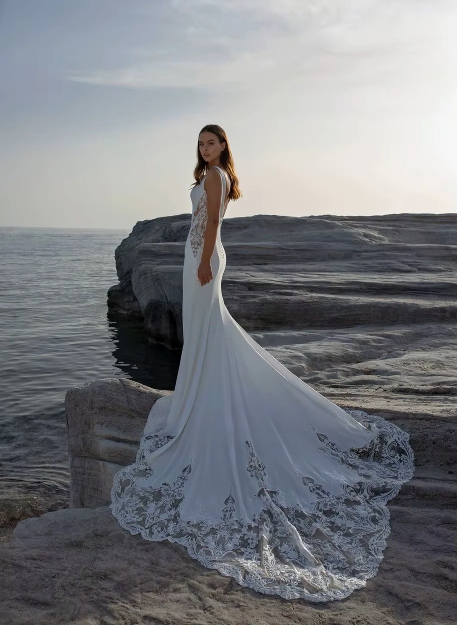 SoDigne Mermaid Wedding Dresses Scoop Neck Sleeveless Appliques Bridal Gowns Beach Wedding Dress vestido de noiva Customized 3 SoDigne Mermaid Wedding Dresses Scoop Neck Sleeveless Appliques Bridal Gowns Beach Wedding Dress vestido de noiva Customized - immagine 3