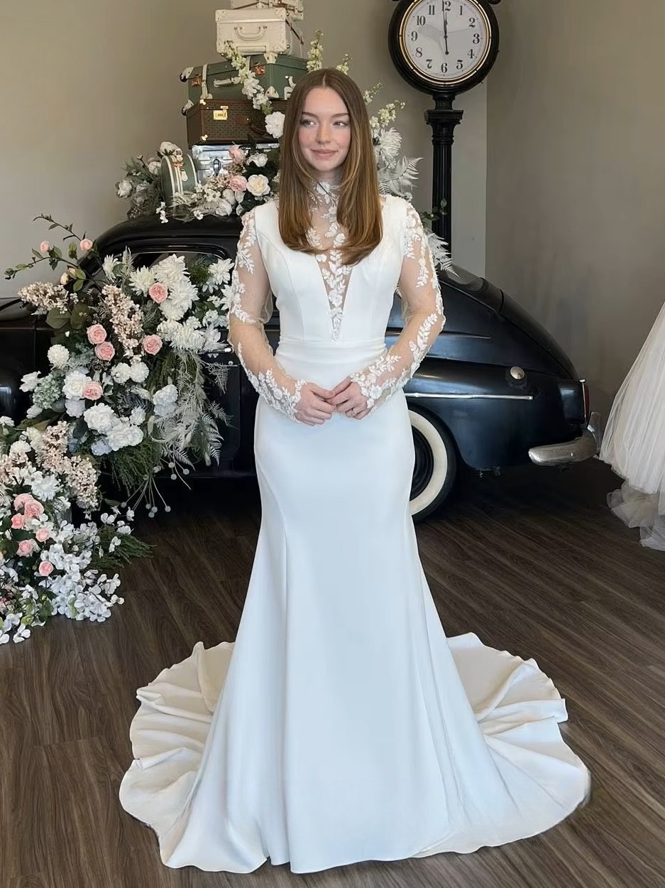 SoDigne Mermaid Satin Bride Dresses High Neck Full Sleeves Appliques Wedding Dress Bridal Gowns vestidos de novia Customized 1 SoDigne Mermaid Satin Bride Dresses High Neck Full Sleeves Appliques Wedding Dress Bridal Gowns vestidos de novia Customized