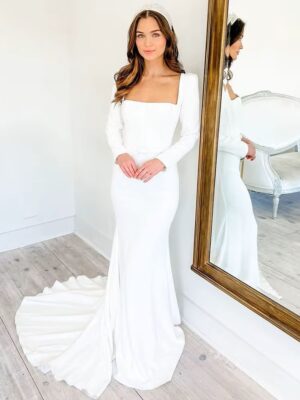 SoDigne Elegant Wedding Dress Mermaid Square Neckline Long Sleeves Backless Satin Bridal Dress Brides Gowns For Women
