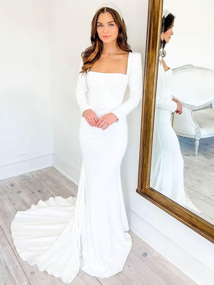 SoDigne Elegant Wedding Dress Mermaid Square Neckline Long Sleeves Backless Satin Bridal Dress Brides Gowns For Women 1 SoDigne Elegant Wedding Dress Mermaid Square Neckline Long Sleeves Backless Satin Bridal Dress Brides Gowns For Women