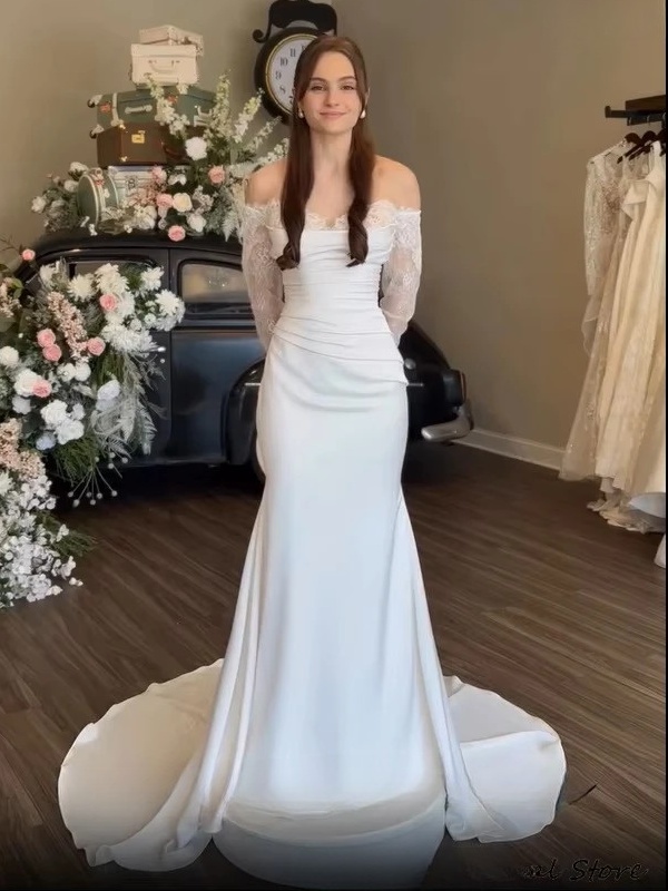 SoDigne Mermaid Satin/Lace Wedding Dresses Off Shoulder Long Sleeves Bridal Dress 2026 Bride Gown vestidos de novia Customized 2 SoDigne Mermaid Satin/Lace Wedding Dresses Off Shoulder Long Sleeves Bridal Dress 2026 Bride Gown vestidos de novia Customized - immagine 2