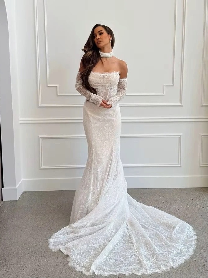 SoDigne Mermaid Lace Beach Wedding Dresses Strapless Detachable Sleeves Bridal Dress Customized Women Long Wedding Gown 2 SoDigne Mermaid Lace Beach Wedding Dresses Strapless Detachable Sleeves Bridal Dress Customized Women Long Wedding Gown - immagine 2