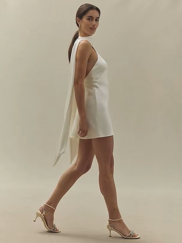 Simple Ivory Mini Wedding Dress Pleat Sexy Halter Sleeveless Bride Dresses Illusion Open Back Short Sheath Prom Gowns Customized 3 Simple Ivory Mini Wedding Dress Pleat Sexy Halter Sleeveless Bride Dresses Illusion Open Back Short Sheath Prom Gowns Customized - immagine 3