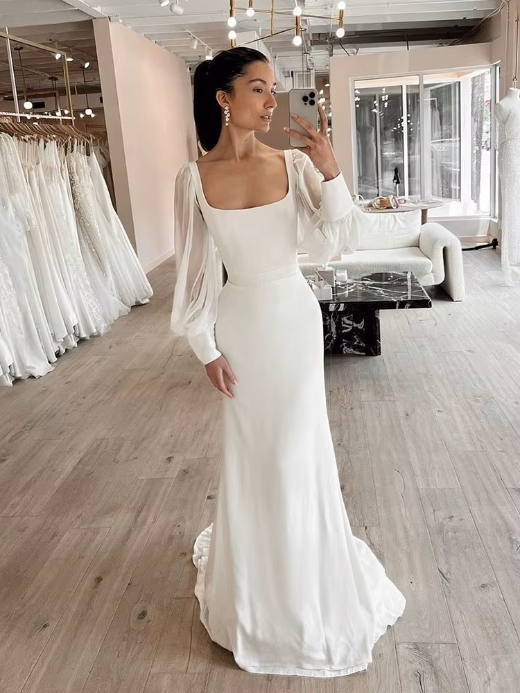 SoDigne Dubai Simple Wedding Dresses For Woman 2023 Long Sleeves Square Neck Bride Gowns Customized Bridal Gown vestido de novia 1 SoDigne Dubai Simple Wedding Dresses For Woman 2023 Long Sleeves Square Neck Bride Gowns Customized Bridal Gown vestido de novia