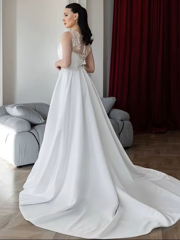 SoDigne A-line Satin Appliques Bride Dresses O-neck Sleeveless Wedding Dress Long Bridal Gowns vestidos de novia Customized 2 SoDigne A-line Satin Appliques Bride Dresses O-neck Sleeveless Wedding Dress Long Bridal Gowns vestidos de novia Customized - immagine 2